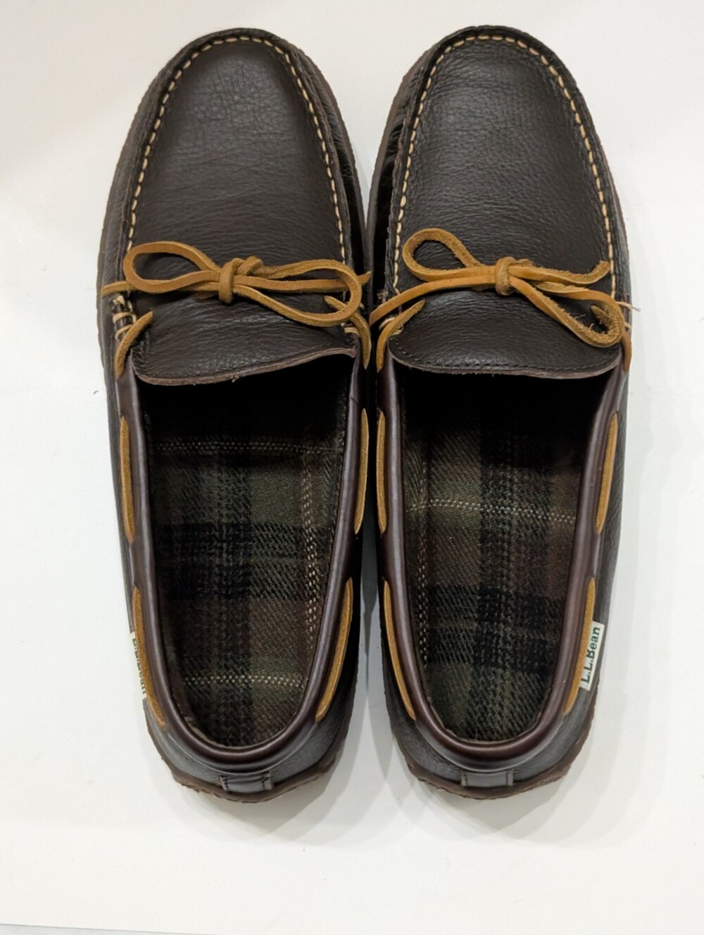 NWOT L.L. Bean Mens 11 Handsewn Moccasin Brown Leather Flannel-Lined Slippers U1 - Picture 4 of 8